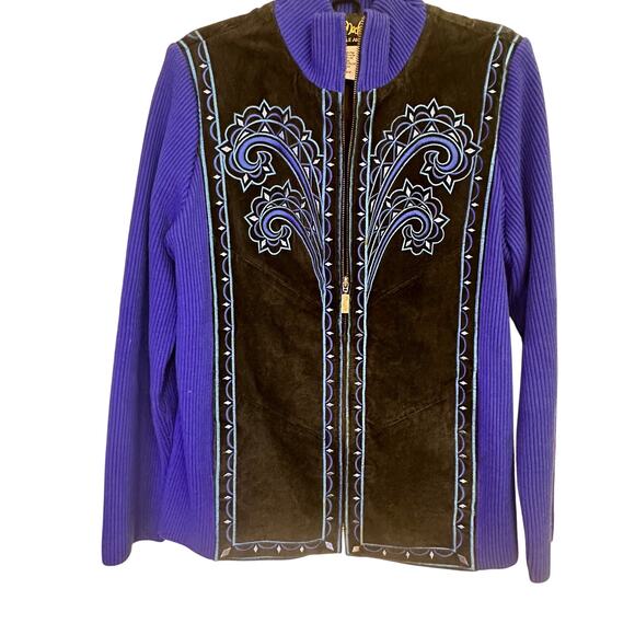 Bob Mackie Wearable Art Embroidered Leather Jacket Blue Black Boho Size S - Picture 7 of 10